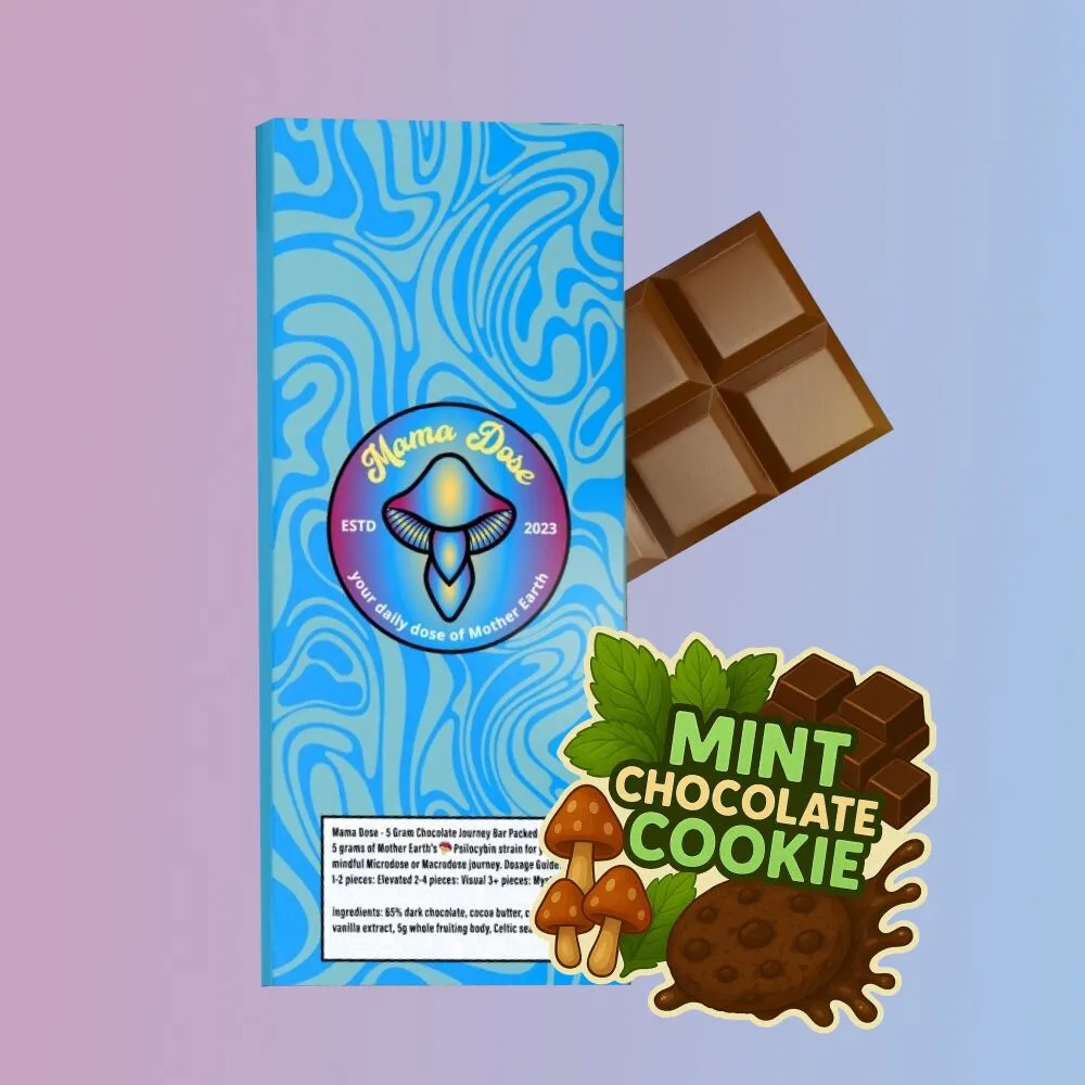 A blue "Mushroom Chocolate Bar: Mint Chocolate Cookie Bar" package with a psychedelic design is shown next to a chocolate square and a graphic of mushrooms and mint leaves.
