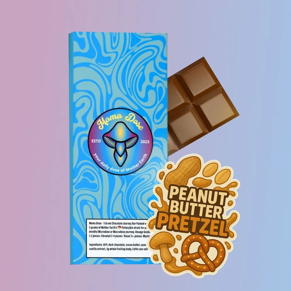 A blue patterned "Shroom Chocolate Bar: Mama's 5g Journey Bar" wrapper, a chocolate square, and a "Peanut Butter Pretzel" sticker with pretzel and peanut images on a pink and blue background.