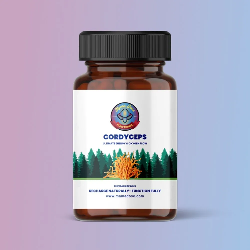 A brown bottle labeled "Mama's Cordyceps" features mushrooms, trees, and promotes ultimate energy and oxygen flow against a pastel purple to blue gradient background.