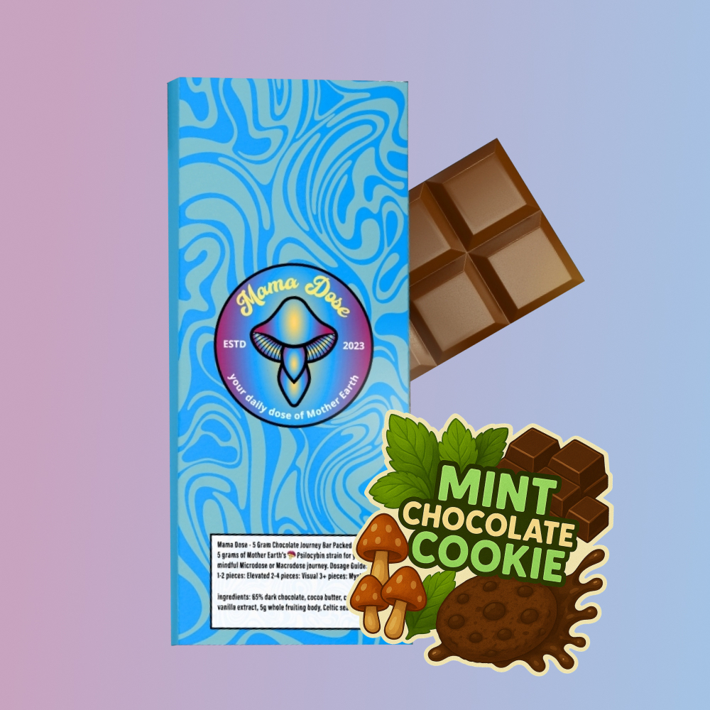A blue "Mushroom Chocolate Bar: Mint Chocolate Cookie Bar" package with a psychedelic design is shown next to a chocolate square and a graphic of mushrooms and mint leaves.