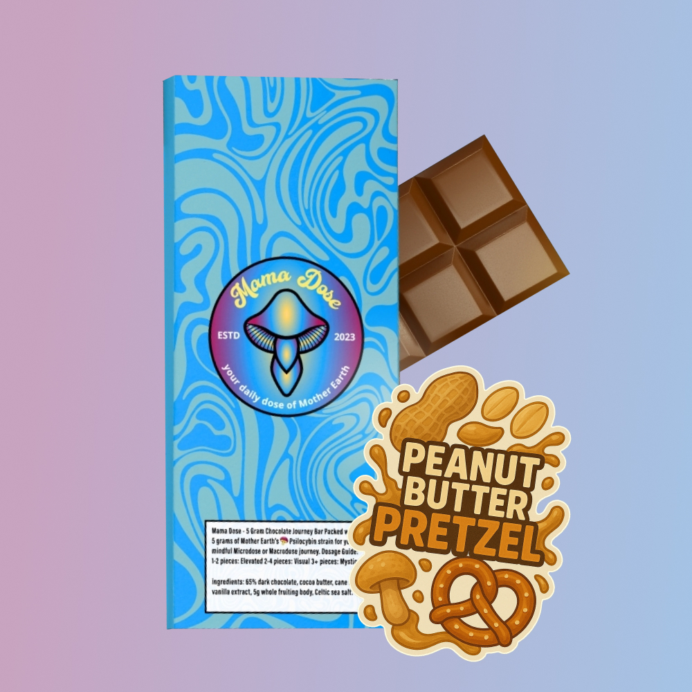 A blue patterned "Shroom Chocolate Bar: Mama's 5g Journey Bar" wrapper, a chocolate square, and a "Peanut Butter Pretzel" sticker with pretzel and peanut images on a pink and blue background.