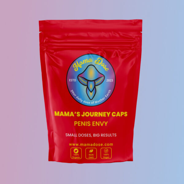 A red package labeled "Mama's Journey Caps" featuring branding and icons for 100% organic, non-GMO, and vegan.
