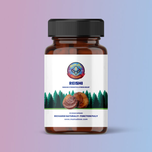 The brown bottle with a black cap labeled "Mama's Reishi" features forest imagery and mushroom graphics, promoting immune strength and stress relief, and contains 30 vegan capsules.