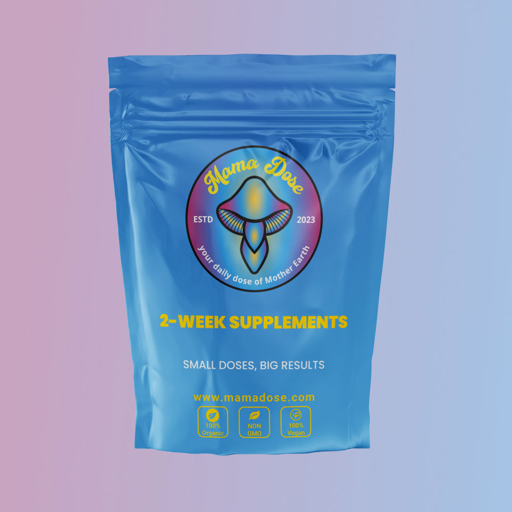 A blue resealable pouch of Mama Dose's 2 Week Trial Trust Course features a colorful mushroom logo, promoting natural ingredients.