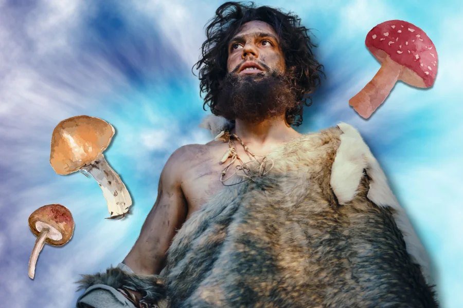 stoned ape theory featured image of a cavemen and mushrooms