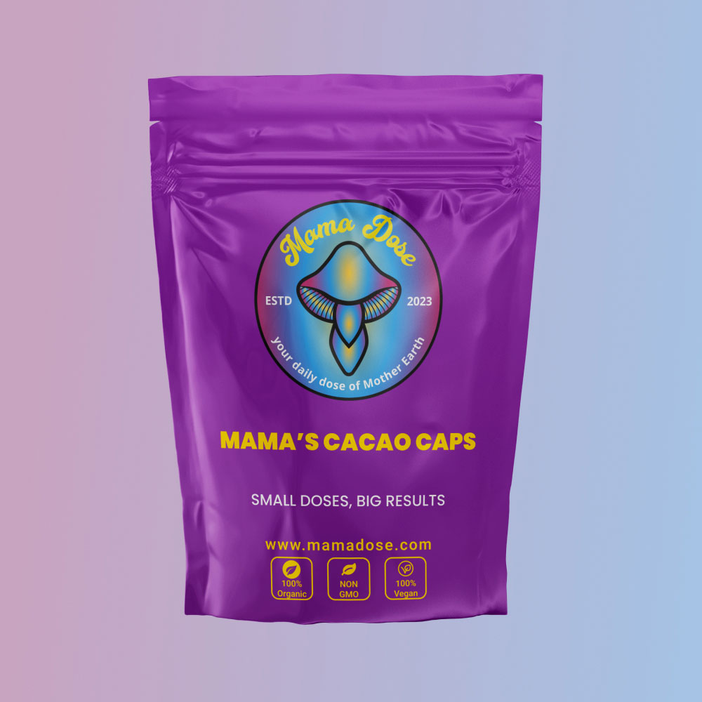 Mama's Cacao Psilocybin Caps feature purple packaging with a logo and text promoting the product as organic, non-GMO, and vegan.