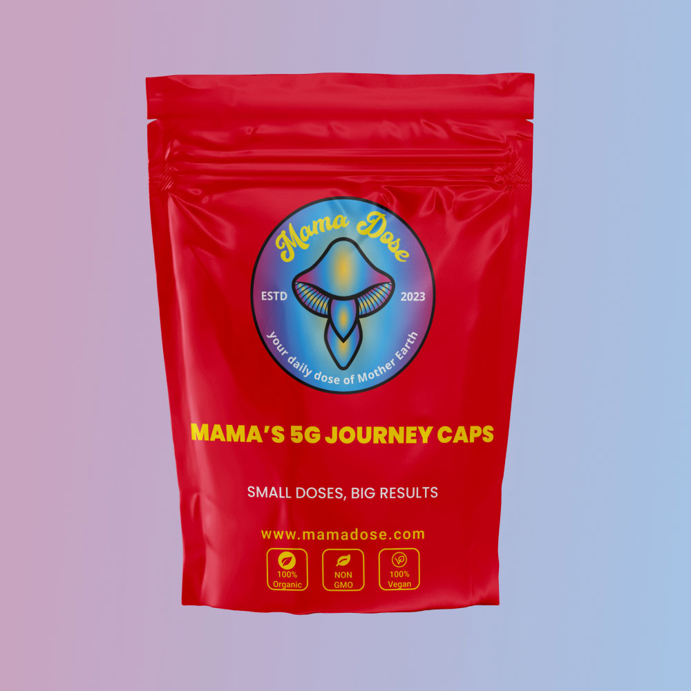 A red package labeled "Mama's Journey Caps" features a logo and highlights small doses with big results. It includes the website and icons indicating it's 100% organic, non-GMO, and vegan.