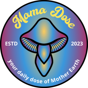 Round logo with an abstract mushroom design, "Mama Dose" text, established 2023. Includes the phrase "your daily dose of Mother Earth" on a blue and purple gradient background.
