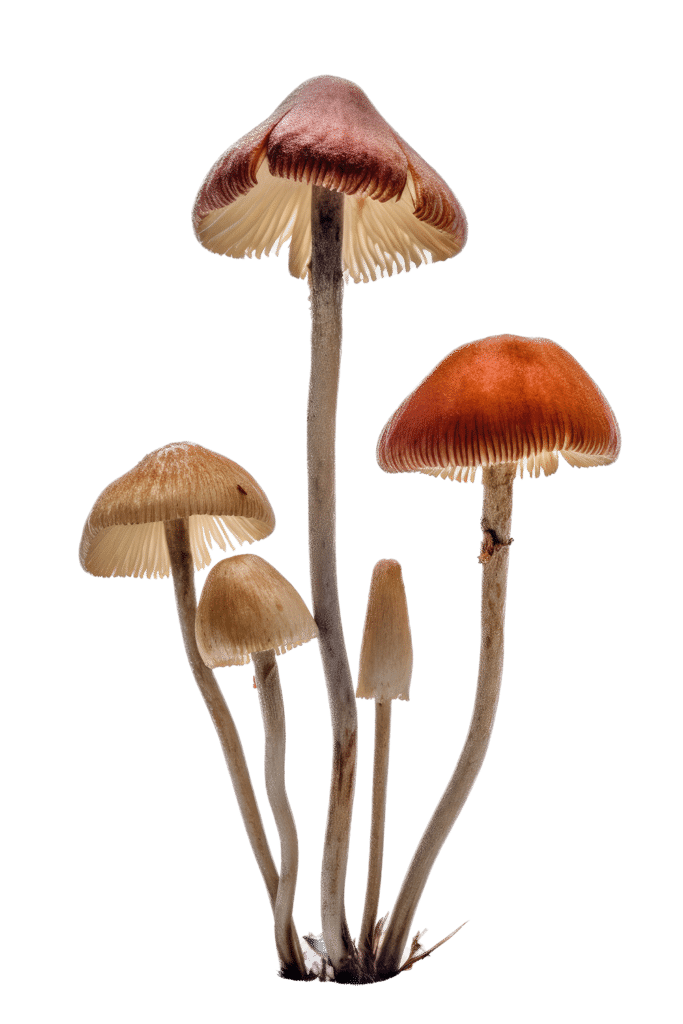 Five different-sized mushrooms with thin stems and domed caps in varying shades of brown and orange.