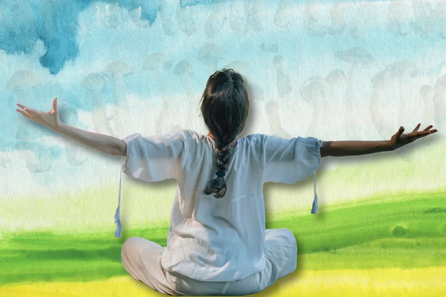 a person doing yoga with mucrodosing mushrooms on pastel background