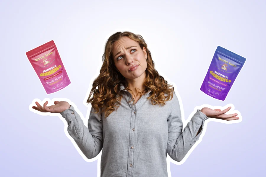 a woman questioning what are microdosing mushroom gummies while holding mamas gummies above her hands