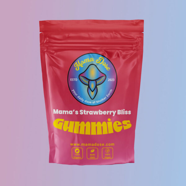 Red package of Mama's Strawberry Mind Expanding Gummies 300mg featuring the logo and text indicating that the product is 100% organic, non-GMO, and vegan.