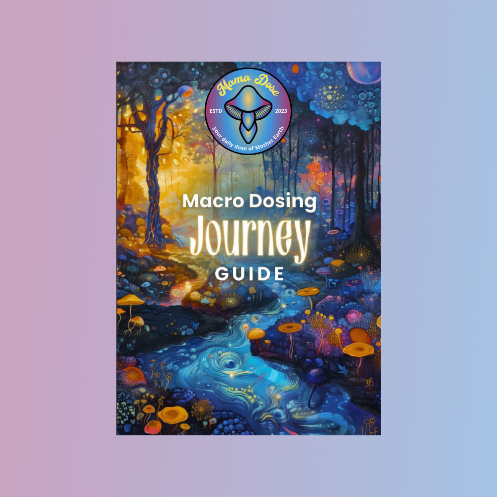 Fantasy-themed illustration of a forest with mushrooms and a stream, featuring "Mama Dose Macrodosing Journey Guide" text on top.