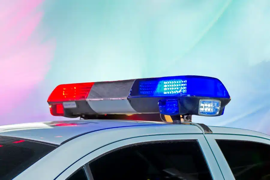 police car in front of shroom psychedelic background