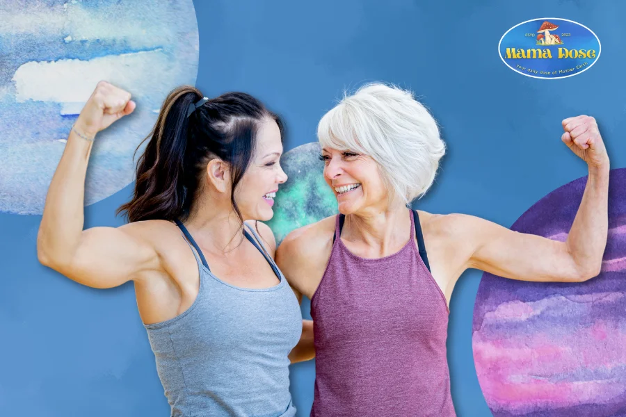 women after Strength training with aquarelle planets in background