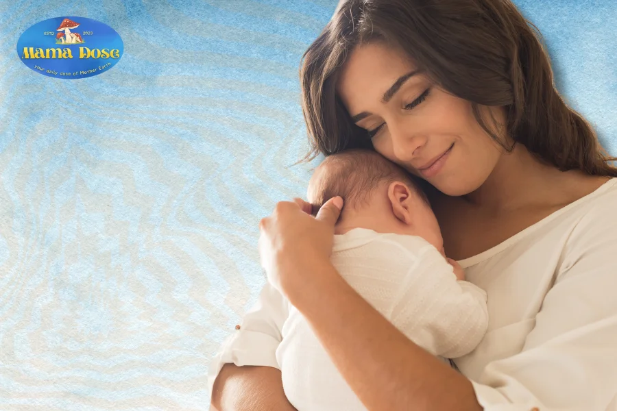 a mom holding an infant with microdosing mama dose logo at the side