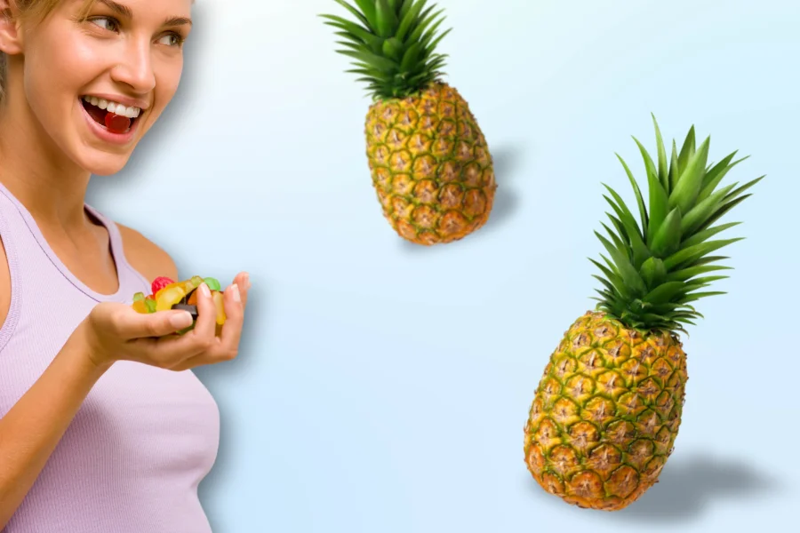 a woman mini microdosing with pineapple gummies