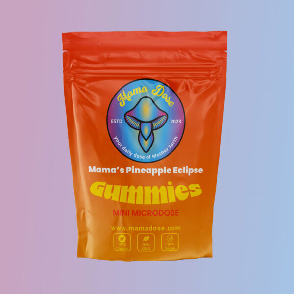 Orange packaging for "Mama Dose Pineapple Eclipse Gummies 100mg" showcases a cosmic logo and text emphasizing non-GMO, vegan ingredients.