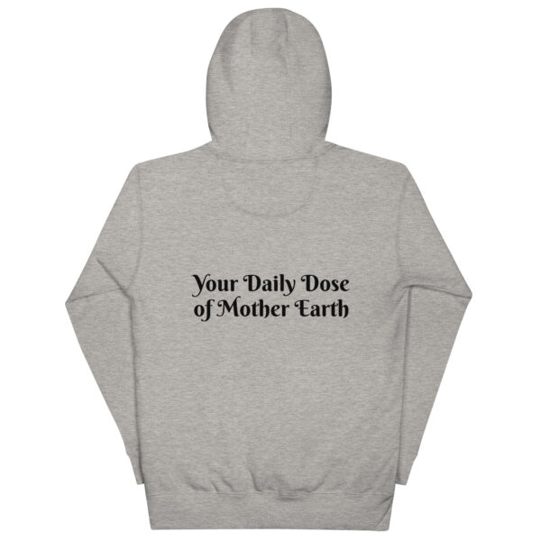 Unisex Mama Dose Mushroom Hoodie in gray with "Your Daily Dose of Mother Earth" text on the back.