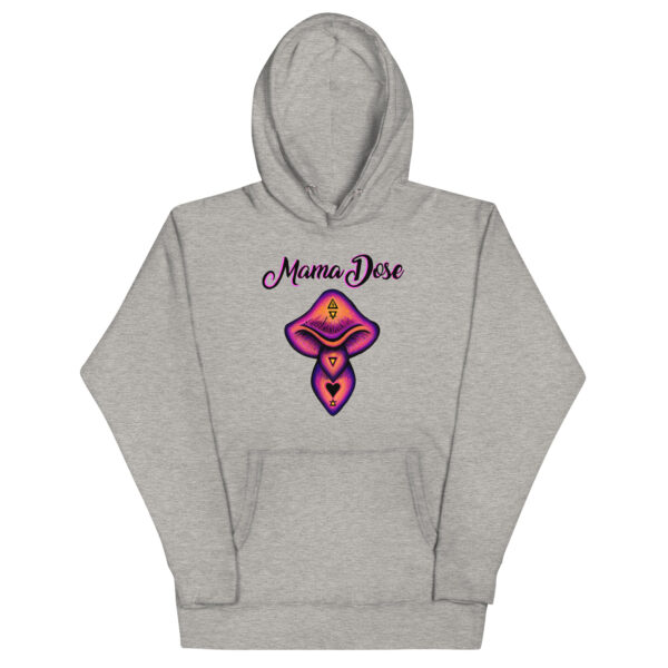 The Unisex Mama Dose Mushroom Hoodie is a gray hoodie with a purple mushroom design, "Mama Dose" text at the top, and symbols on the mushroom cap.