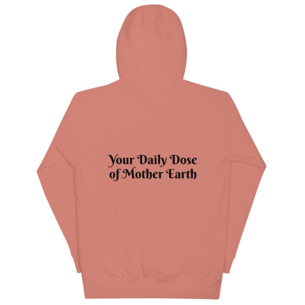 Back view of the Unisex Mama Dose Mushroom Hoodie in peach, featuring "Your Daily Dose of Mother Earth" printed in black.