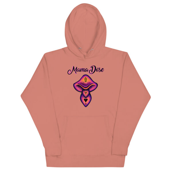 Peach Unisex Mama Dose Mushroom Hoodie showcasing a colorful mushroom design with heart motifs.