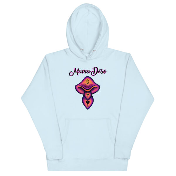 Unisex white hoodie with a colorful mushroom design and "Mama Dose" text.