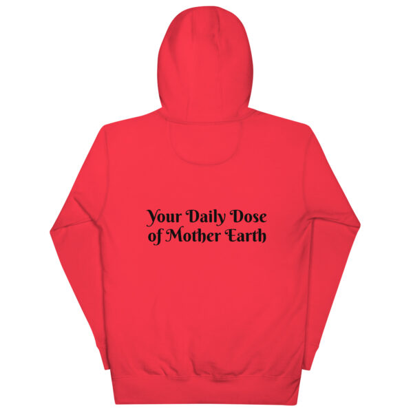 Unisex Mama Dose Mushroom Hoodie: Red, with "Your Daily Dose of Mother Earth" text on the back in black font.