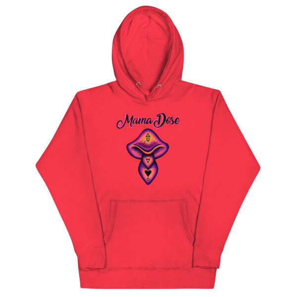 Unisex Mama Dose Mushroom Hoodie in red, featuring "Mama Dose" text with a purple and black lips and hearts graphic on the front.