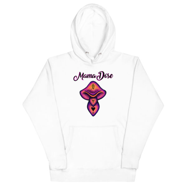 Unisex Mama Dose Mushroom Hoodie in white featuring "Mama Dose" text with a colorful mushroom graphic and heart shapes on the front.