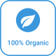 Blue icon with a leaf inside a circle, accompanied by the text "100% Organic.