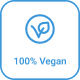 Blue icon with a leaf symbol and the text "100% Vegan" displayed below it.