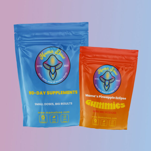 Two colorful supplement packages on a gradient backdrop: a blue 90-day supplement bag and an orange gummy bag, both branded with the Mama Dose logo and text, are part of the Delicious Bundle.