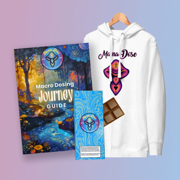 Image featuring the Journey Bundle: a Macro Dosing Journey Guide book, a white "Mana Dose" hoodie with lip design, a chocolate bar, and a blue patterned item, all set against a gradient background.