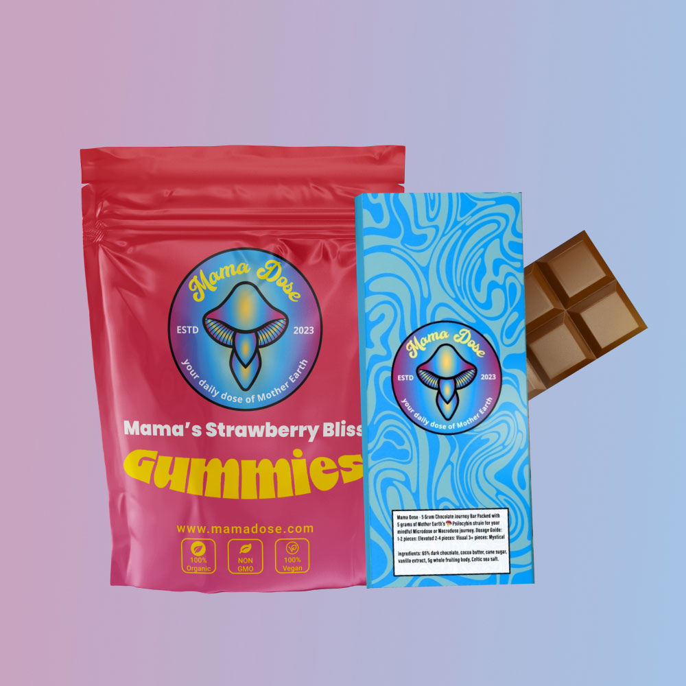 Journey - Micro Bundle featuring a pink bag of strawberry-flavored gummies and a chocolate bar with ocean-themed blue packaging set against a gradient background.