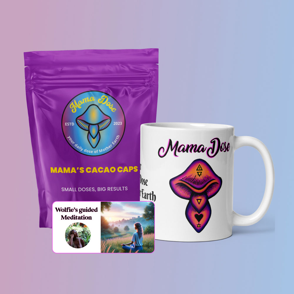 The Novice Bundle features a purple package of Mama's Cacao Caps and a white mug with logo, accompanied by two meditation thumbnails: one with an outdoor scene and the other featuring a graphic design.