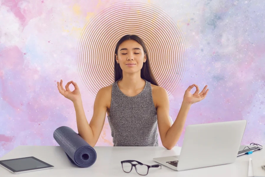 a woman meditating on psychedelic background depicting how psilocybin can expand the mind