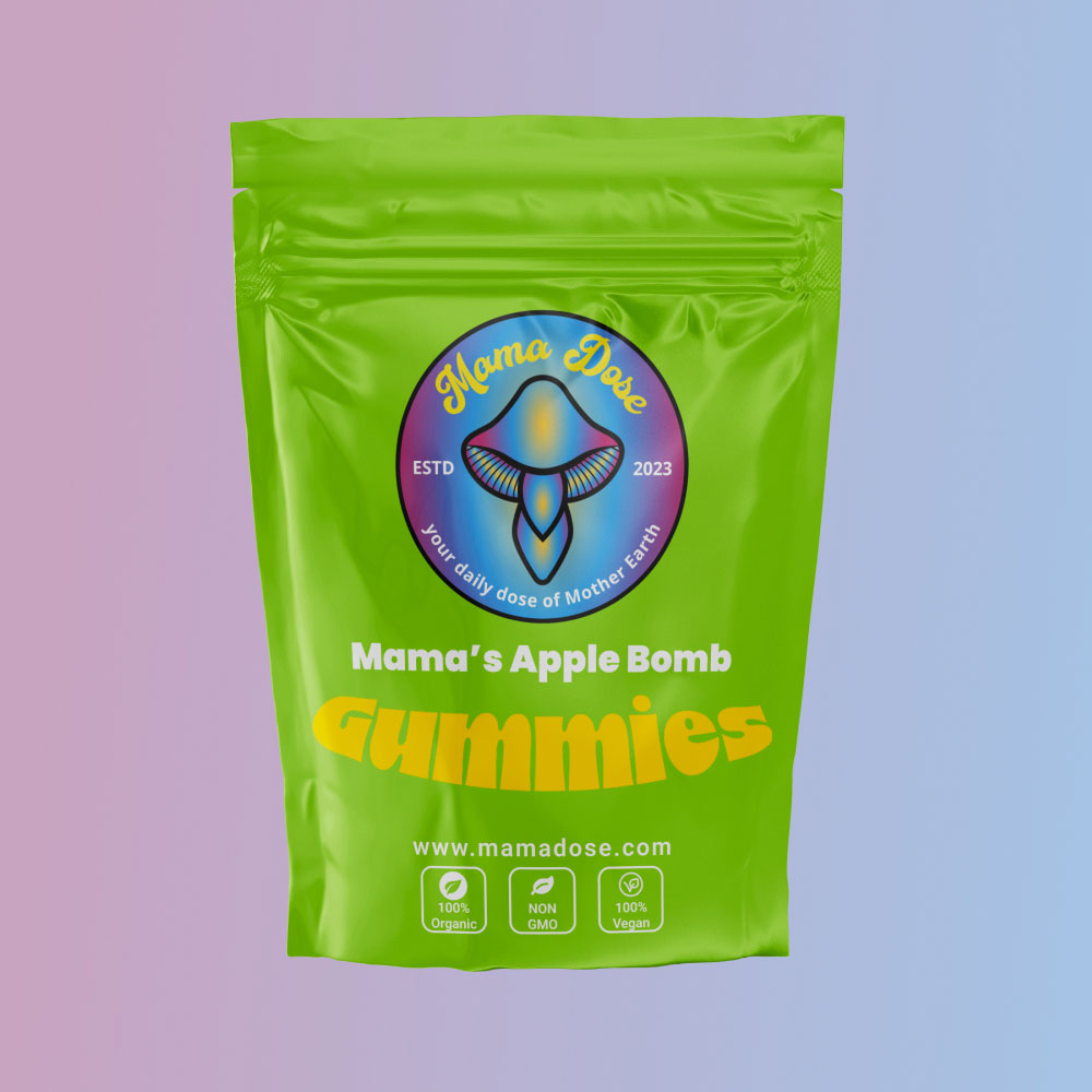 The vibrant green package of "Mama Dose Apple Bomb Gummies" features a colorful mushroom logo, highlighting the gummies' organic, non-GMO, and vegan qualities.