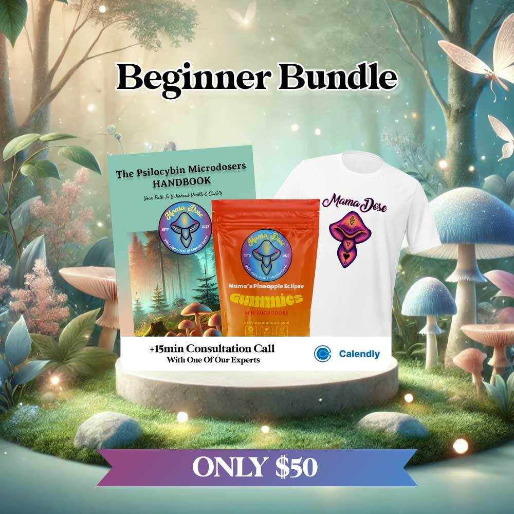 Journey - Guide Bundle available for $50: includes a microdosing handbook, gummies, a T-shirt, and a consultation call. The backdrop features a mystical forest scene with mushrooms.