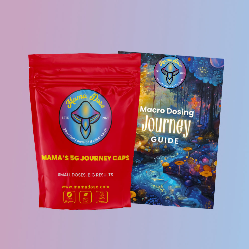 A red package labeled "Mama's 5G Journey Caps" is next to the "Journey - Guide Bundle," featuring a colorful brochure titled "Macro Dosing Journey Guide" with a nature-themed illustration.