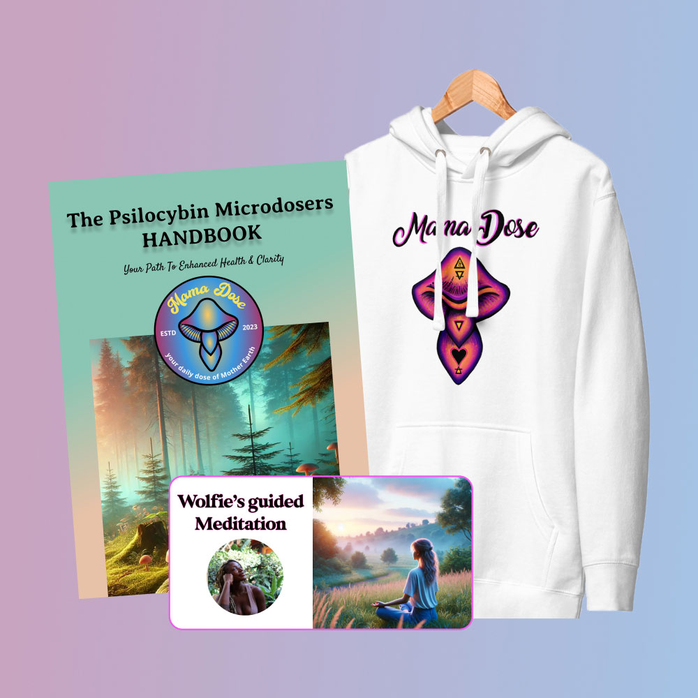 The "Mindfull Bundle" includes "The Psilocybin Microdosers Handbook," a "Mama Dose" hoodie, and an image of someone meditating in nature.