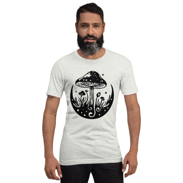 Man with a beard wearing a light gray Black & White Mushroom T-Shirt featuring a large black mushroom design.