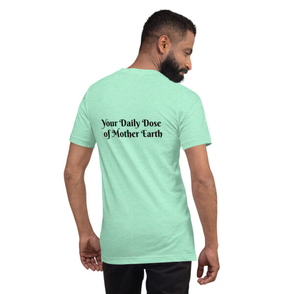 Man wearing a mint green t-shirt named "Black & White Mushroom T-Shirt" with "Your Daily Dose of Mother Earth" on the back.