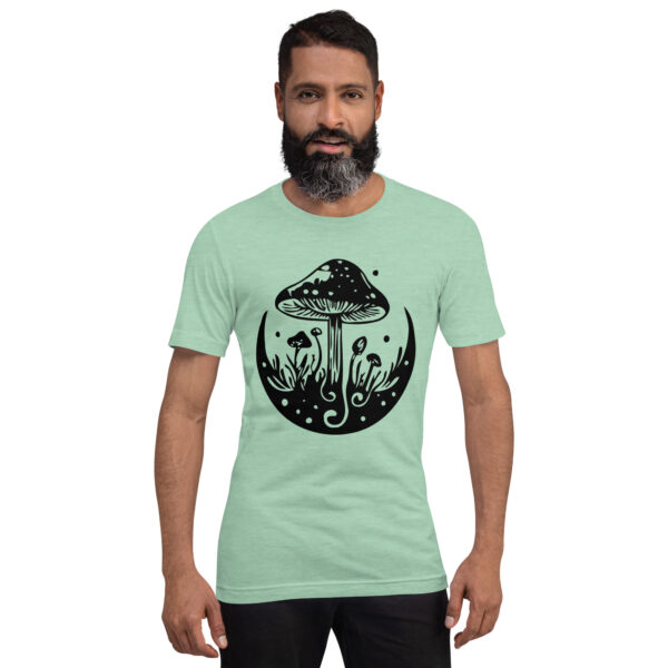 A bearded man in a mint green t-shirt with a prominent black mushroom graphic on the front from the Black & White Mushroom T-Shirt collection.