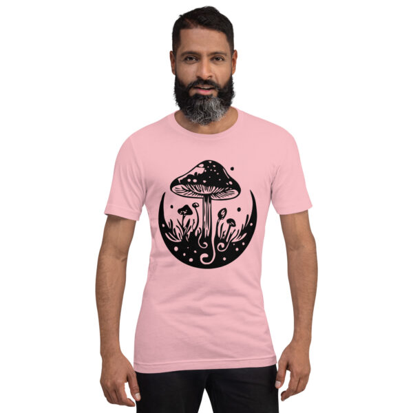 Man wearing a pink t-shirt featuring the Black & White Mushroom design.