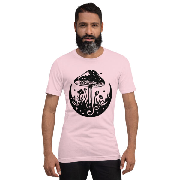 A bearded man wearing a pink t-shirt with a prominent graphic design from the Black & White Mushroom T-Shirt collection.