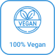 Blue "100% Vegan" label with a crossed fork and knife icon inside a circle.