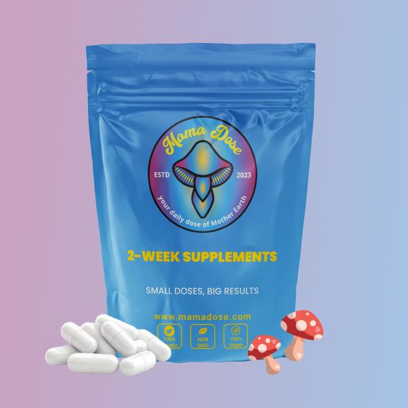 Blue package labeled "Mama Dose: 2-Week Supplements" with white capsules and two cartoon mushrooms on a gradient background.
