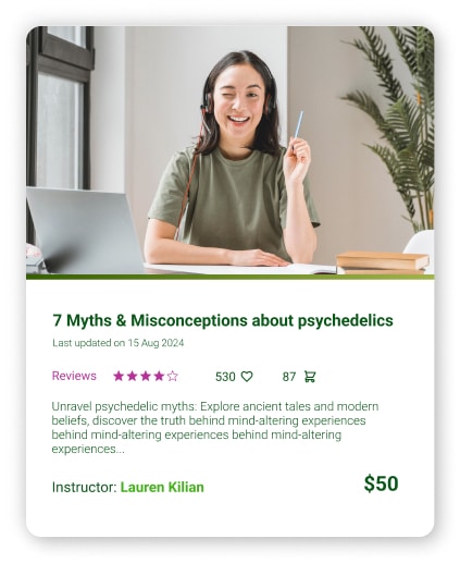 Person wearing headphones smiling in front of a laptop. Course card below titled "7 Myths & Misconceptions about psychedelics," priced at $50.
