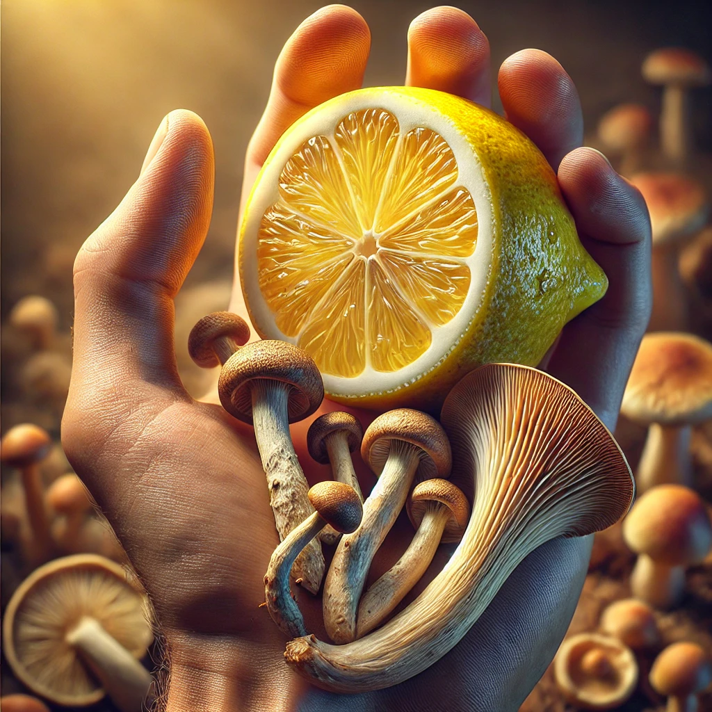 In a serene forest setting, a hand cradles a cut lemon and a bundle of mushrooms, bathed in soft light—a perfect scene for those curious about how to lemon tek.